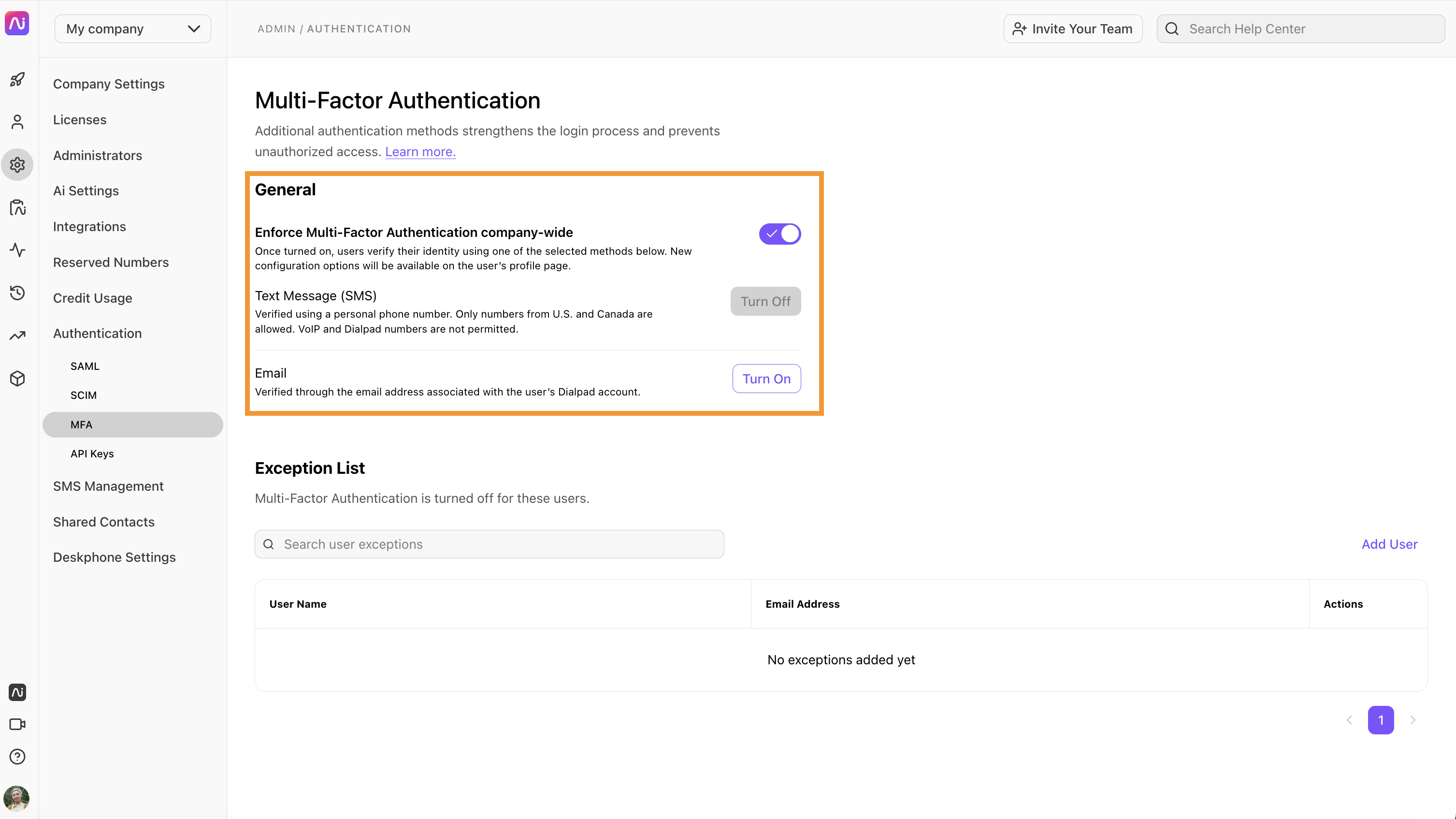 Settings for Multi-Factor Authentication with option to turn on multi-factor authentication.